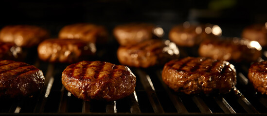 Juicy beef patties with grill marks are sizzling on the barbecue, perfect for summer cookouts, Fourth of July celebrations, or National Burger Day