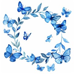 Watercolor wreath of butterflies and leaves in indigo blue 