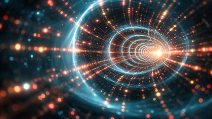 Obraz premium Futuristic representation of a glowing wormhole tunnel with vibrant light trails, symbolizing advanced technology, science fiction concepts, and abstract space exploration themes