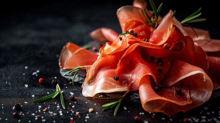 Thinly sliced Italian prosciutto garnished with rosemary and peppercorns on a dark background, perfect for culinary blogs, Mediterranean cuisine, and holiday feasts