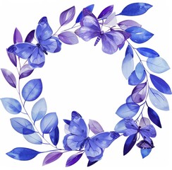 Obraz premium Watercolor wreath of butterflies and leaves in indigo blue 