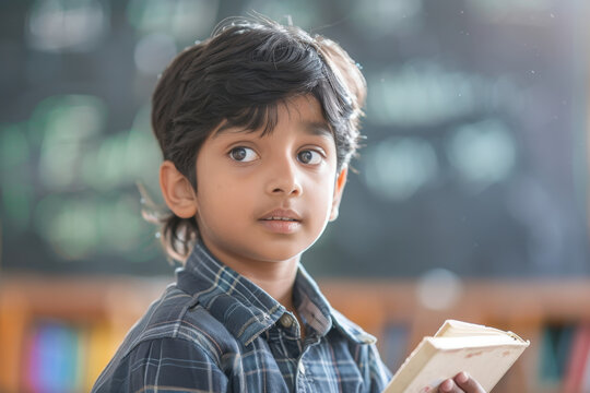 Young school student is holding a book and looking up with a curious expression on his face in a classroom