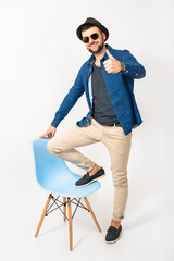 young handsome hipster man stylish outfit, denim shirt