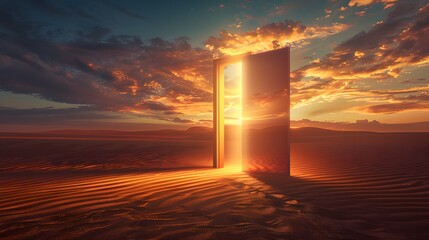 Opened door in the desert with sand dunes and sky background