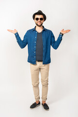 young handsome hipster man stylish outfit, denim shirt