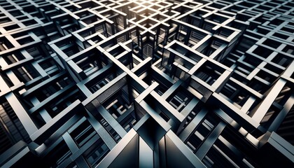 Obraz premium Intricate metal grid structure in close-up, sharp geometric lines forming an elegant pattern, industrial and architectural essence, sleek metallic finish