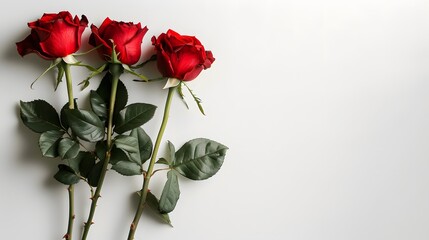Three red roses with green leaves on white background. Flat lay composition with copy space. Floral and romantic gift concept for design and print