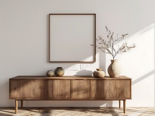 Modern Home space neutral colors minimalist interior, Wooden frame mockup, Living Room 3d rendering