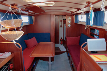 Fototapeta premium Interior of old sailing boat, wooden yacht, retro design