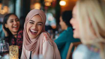 Obraz premium Diverse friends laughing together in a restaurant.