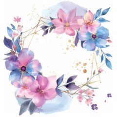 Watercolor, pastel, pink, purple and blue flowers with a gold geometric frame 
