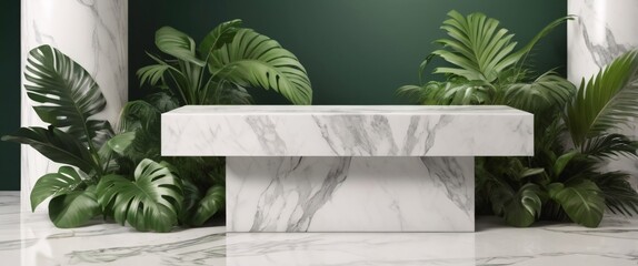 Empty marble top product display showcase stage with tropical lush jungle leaves background