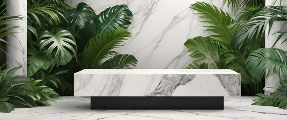 Empty marble top product display showcase stage with tropical lush jungle leaves background