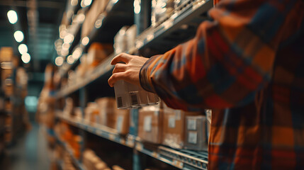 Naklejka premium A person is reaching for a box on a shelf in a warehouse