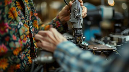 Naklejka premium A workers hands are shown in close-up as they operate a sewing machine, highlighting the ethical production methods used for creating sustainable clothing