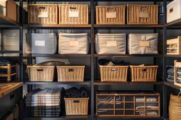 Modern shelves holding wicker baskets and fabric boxes organizing clothes and blankets for a tidy and functional home