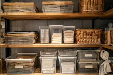 Storage organization using transparent plastic boxes and wicker baskets on wooden shelves, organizing clothes and towels