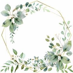 Fototapeta premium Watercolor, simple golden polygon frame with brown wild leaves and flowers 