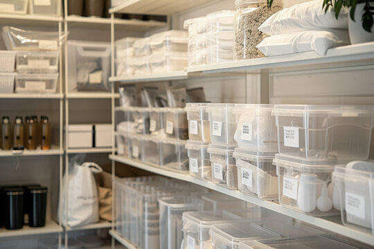 Shelves with labeled plastic containers organizing a variety of household goods showing a clean and tidy pantry