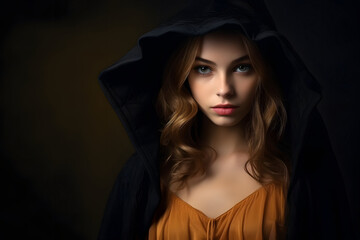 The portrait depicts a mysterious woman in a hooded cloak, looking intensely against a dark backdrop