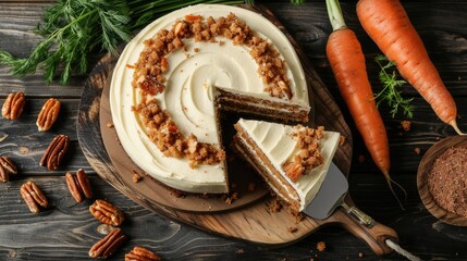 Carrot cake with slice on display from above