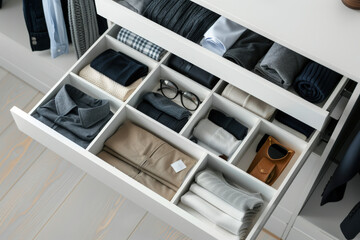 Open drawer organizing clothes with linen shirt, socks, chino pants, and other clothing items
