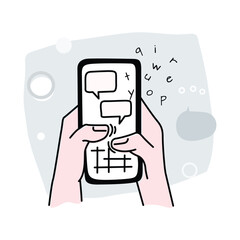 A man holds a phone in his hands and types a message. Vector illustration of digital technology and communication