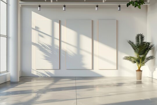 Modern Gallery Space with Blank Canvases and Tropical Plant Shadow Play