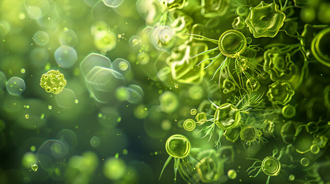 A close-up, photorealistic image of Cyanobacteria (Anabaena), showing its filamentous structure and heterocysts, in a natural environment such as a freshwater pond