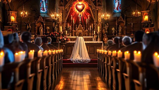 Interior view of the church during a service, the altar is lit with candles, parishioners are sitting in the benches, the central place is occupied by the figure of a priest in a white robe 