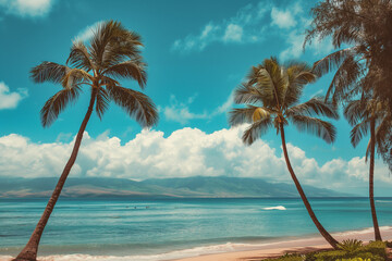 A tropical beach with swaying palm trees, clear blue skies, and gentle waves, evoking a sense of paradise and relaxation