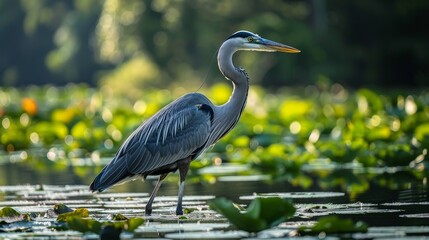 Naklejka premium A Great Blue Heron stands on lily pads in a wetland, a testament to successful habitat restoration efforts