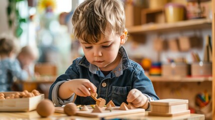Engaged young children exploring Montessori materials in a hands-on learning environment, emphasizing child-centered and self-directed education for holistic development.