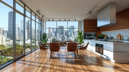 Fototapeta premium Bright Urban Living: Modern Kitchen Interior with Wooden Flooring and City View | 3D Rendering