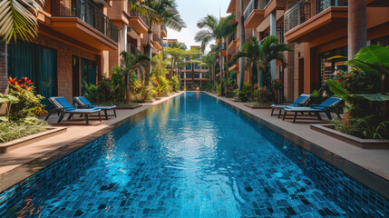 Fototapeta premium A luxurious poolside view flanked by modern, lushly landscaped apartments, exuding tropical vacation vibes and tranquility under clear skies.