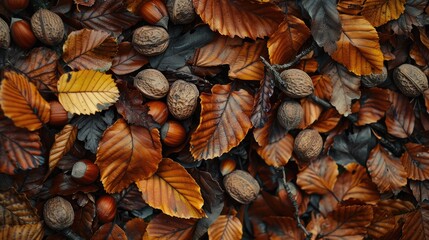 Fototapeta premium Beech nuts and oak leaves on the forest floor a natural backdrop with space for text