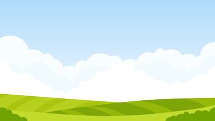 Rural landscape of green field, blue sky and white clouds