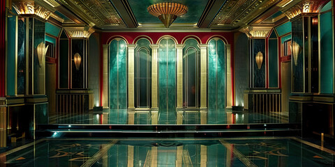 Obraz premium Art Deco: Gold, black, and accents of bold colors like red or teal create an art deco-inspired theme. This scheme is often used in retro-themed events, art deco architecture promotions, and vintage-in