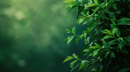 Lush display of green leaves with a blurred green background that suggests a natural, outdoor setting. The leaves are in focus in the foreground, with some droplets of water visible on them