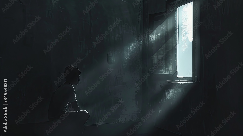 Poster A person sits alone in a dimly lit room, their face partially obscured by shadows, illuminated only by the light streaming through a window. Generative AI
