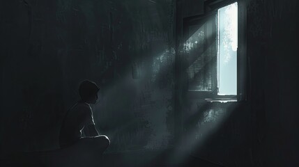 A person sits alone in a dimly lit room, their face partially obscured by shadows, illuminated only by the light streaming through a window. Generative AI