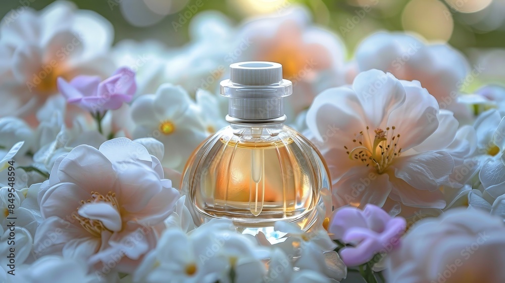 Wall mural A clear glass bottle of perfume with a white cap sits amongst white and light purple flowers. The perfume is a light amber color