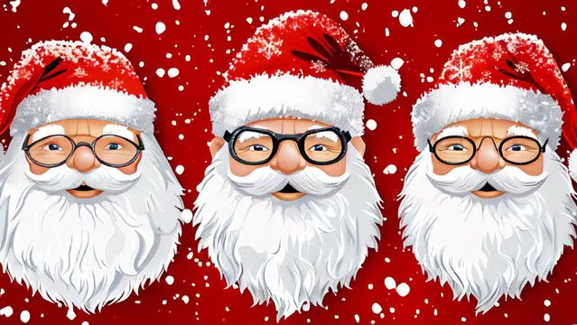 Santa Claus with a white beard and in a red suit shows thumbs up, against the backdrop of winter lighting and falling snow.