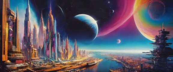A surreal, otherworldly cityscape with futuristic architecture under an alien sky with large planets.
