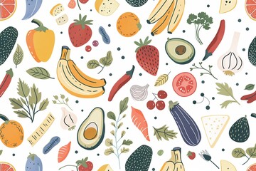 Hand-Drawn Pattern of Fruits, Vegetables, and Cheese. Seamless Food Illustration with Avocados, Peppers, and Bananas