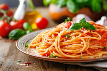 Spaghetti with Tomato Sauce and Fresh Herbs on a Plate. Traditional Italian Pasta Dish with Marinara and Parmesan