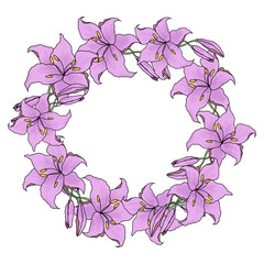 Lillie violet flower circle wreath for wedding card or invitations. Hand drawn vector illustration template