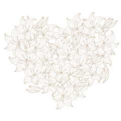 Lillie line art flower heart wreath for wedding card or invitations. Hand drawn vector illustration template.