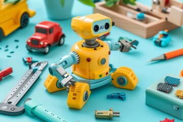Obraz premium Interactive AI technology workshop with vibrant robot designs, showcasing the playful side of robotics education and innovation.