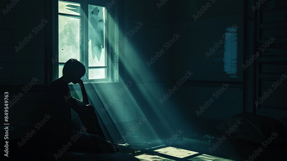 Aufkleber a person sits alone in a dark room, their face partially hidden in shadows, as a single beam of ligh